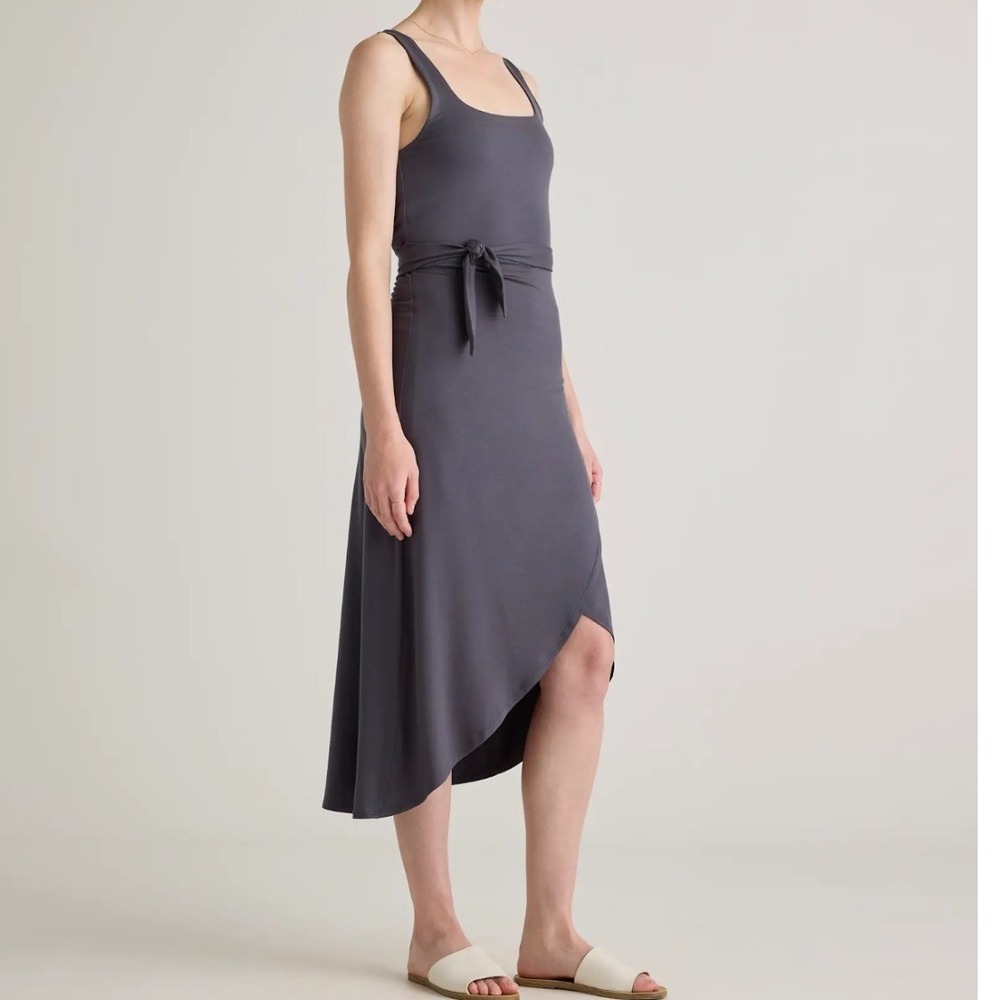 Quince Black Tencel‎ Jersey Faux Wrap Midi Dress Square Neck Tank Size L NWT
